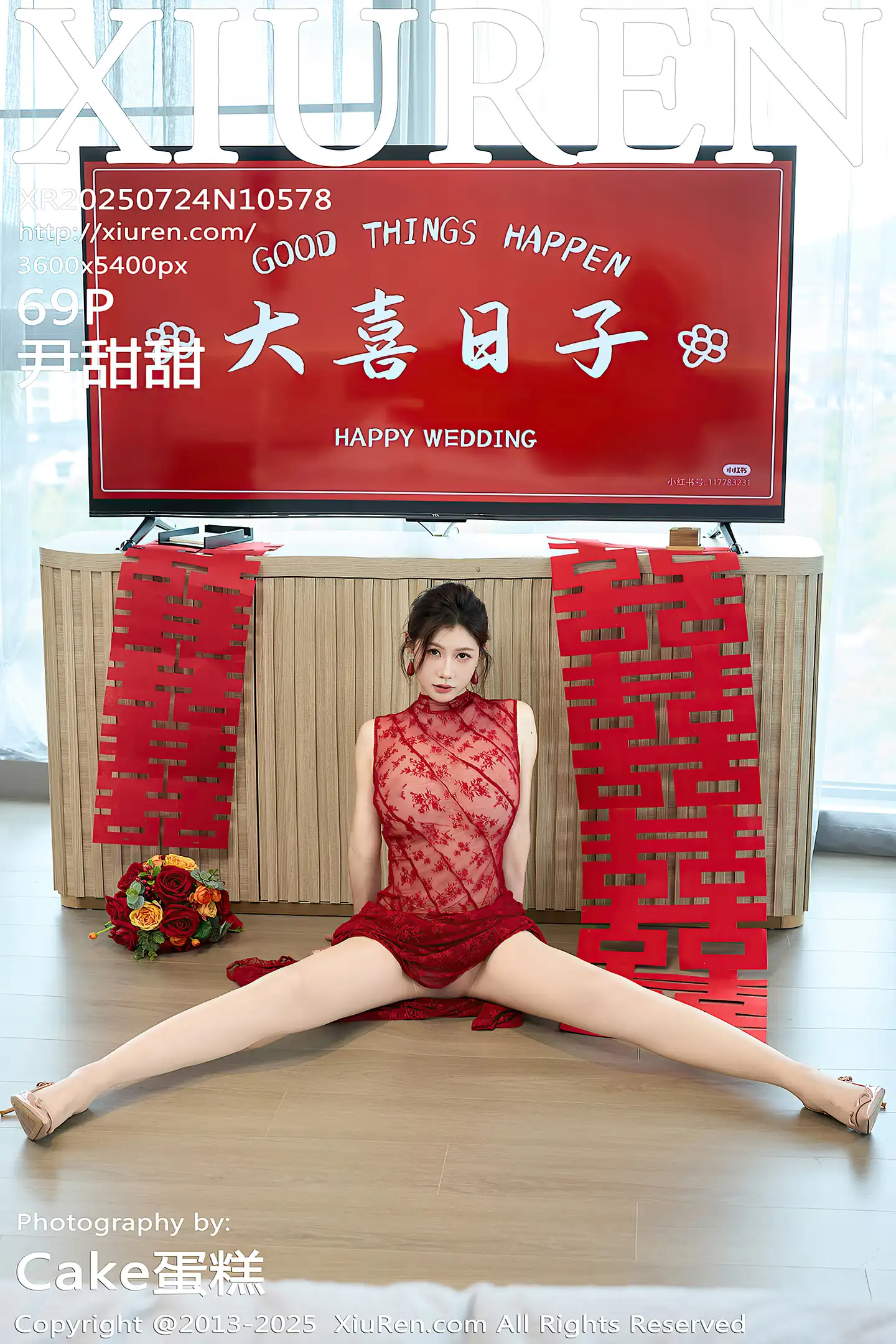 [XiuRen秀人网]VOL.10578 模特尹甜甜性感红色新娘晨袍配肉色丝袜秀完美身材迷人诱惑写真69P-秀人网官方网站